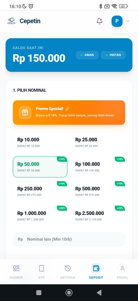 Cepetin App Deposit Screen